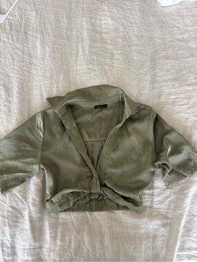 Dynamite Olive Green Collared V-Neck Blouse